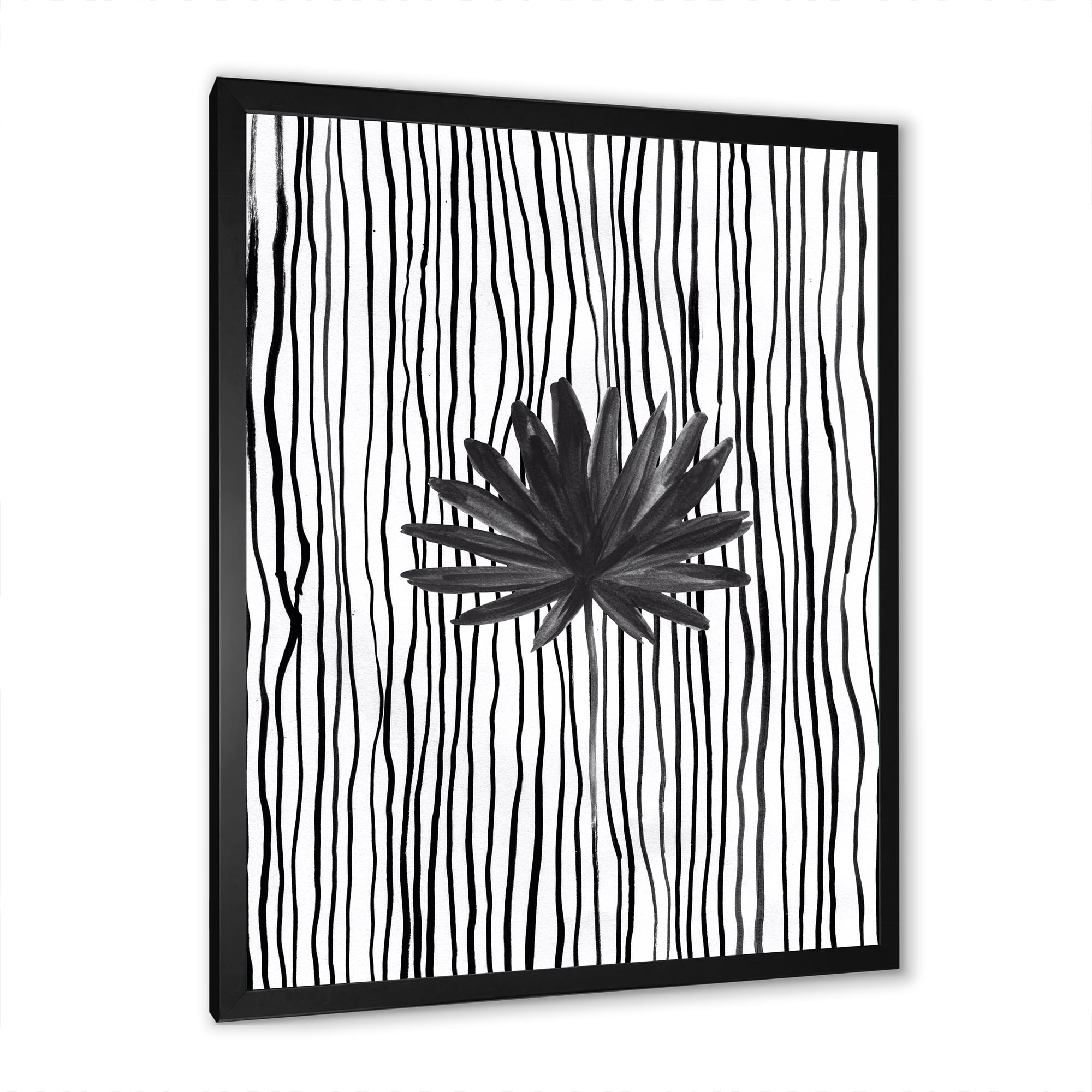 Designart 'Black and White Striped Under Tropical Leaf III' Modern Framed Art Print