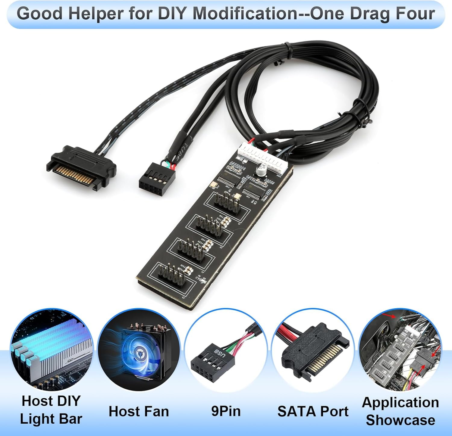 HRTGFD-9Pin USB 2.0 Header Splitter With SATA Power Cable - 1 to 4 Internal USB Hub for CPU/WiFi Receiver/Fans/RGB Light/Printer/Scanner