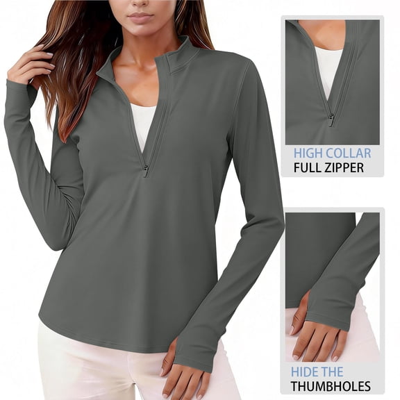 Nfurl Womens Workout Sun Shirts Quick Dry Long Sleeve Thumb Hole Rash Guard Shirt Breathable Running Tops Summer UV Protection Clothing Dark Gray,L