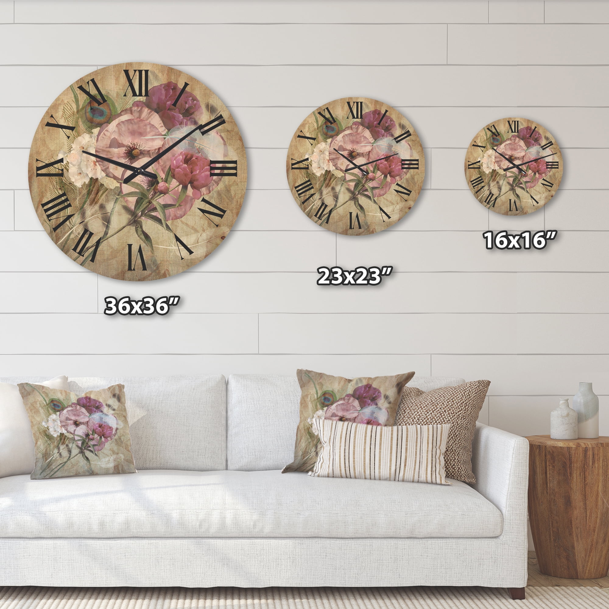 Designart 'Iris Bouquet Floral Design With Peacock Feather' Traditional Wood Wall Clock