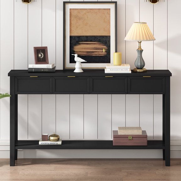 Xukmct Modern Console Table with 4 Drawersm and Bottom Shelf, Wood Entryway Sofa Table for Hallway, Living Room, Office, Black