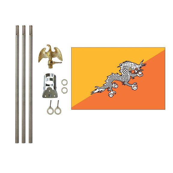3x5 Polyester Bhutan Flag with 6 foot Pole Kit; Contains a 3x5 Polyester Flag, a 6 foot long 3/4inch Diameter Aluminum Pole and a Bracket