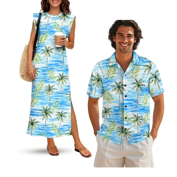 Jeiento Couples Matching Outfits Womens Hawaiian Dresses Coconut Tree Mens Short Sleeve Button Down Shirts Maxi Summer Dresses for Women Casual Long Sleeveless Crewneck Dress