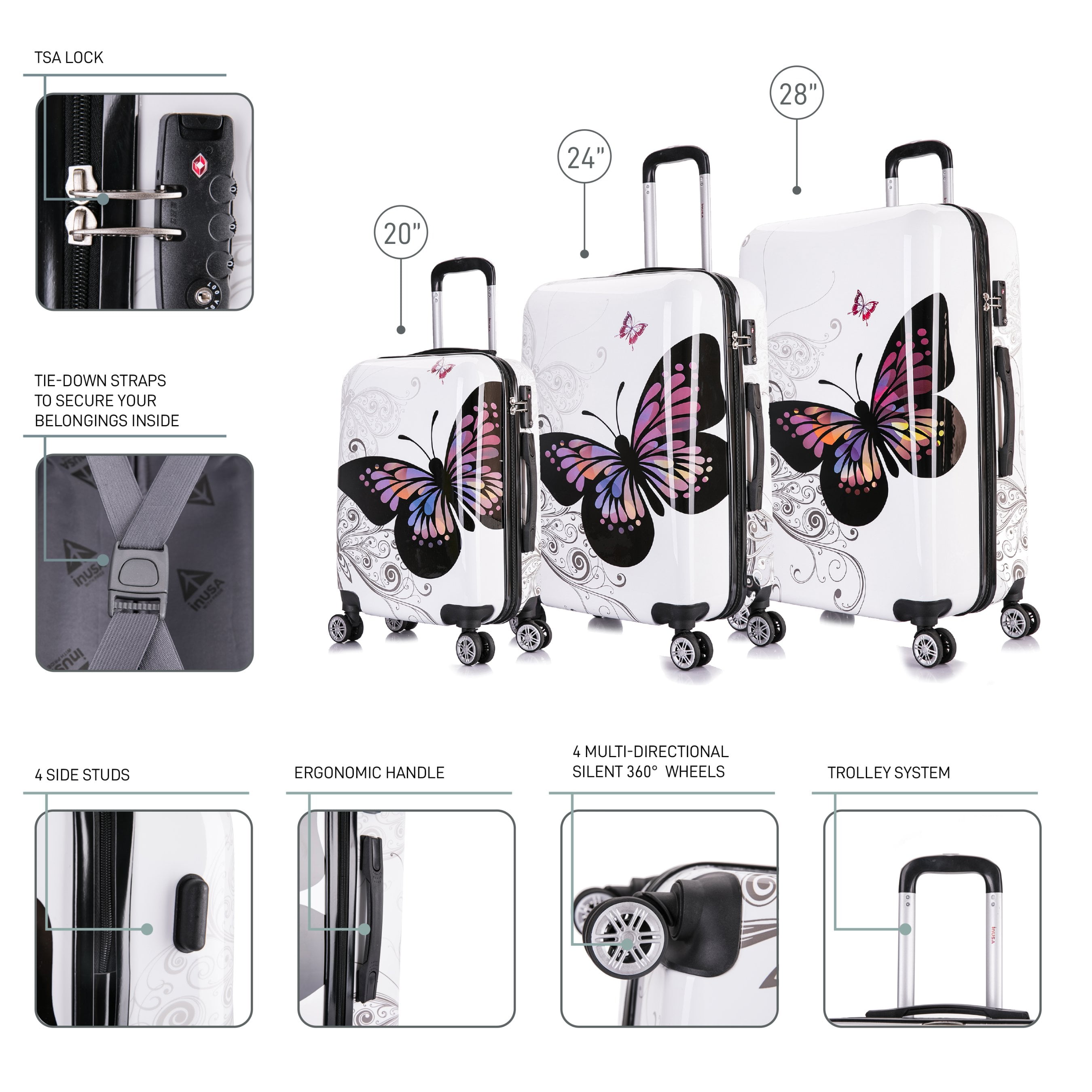 InUSA Print 3-Piece Hardside Luggage Sets with Spinner Wheels, Handle, Trolley, (20"/24"/28"), Butterfly