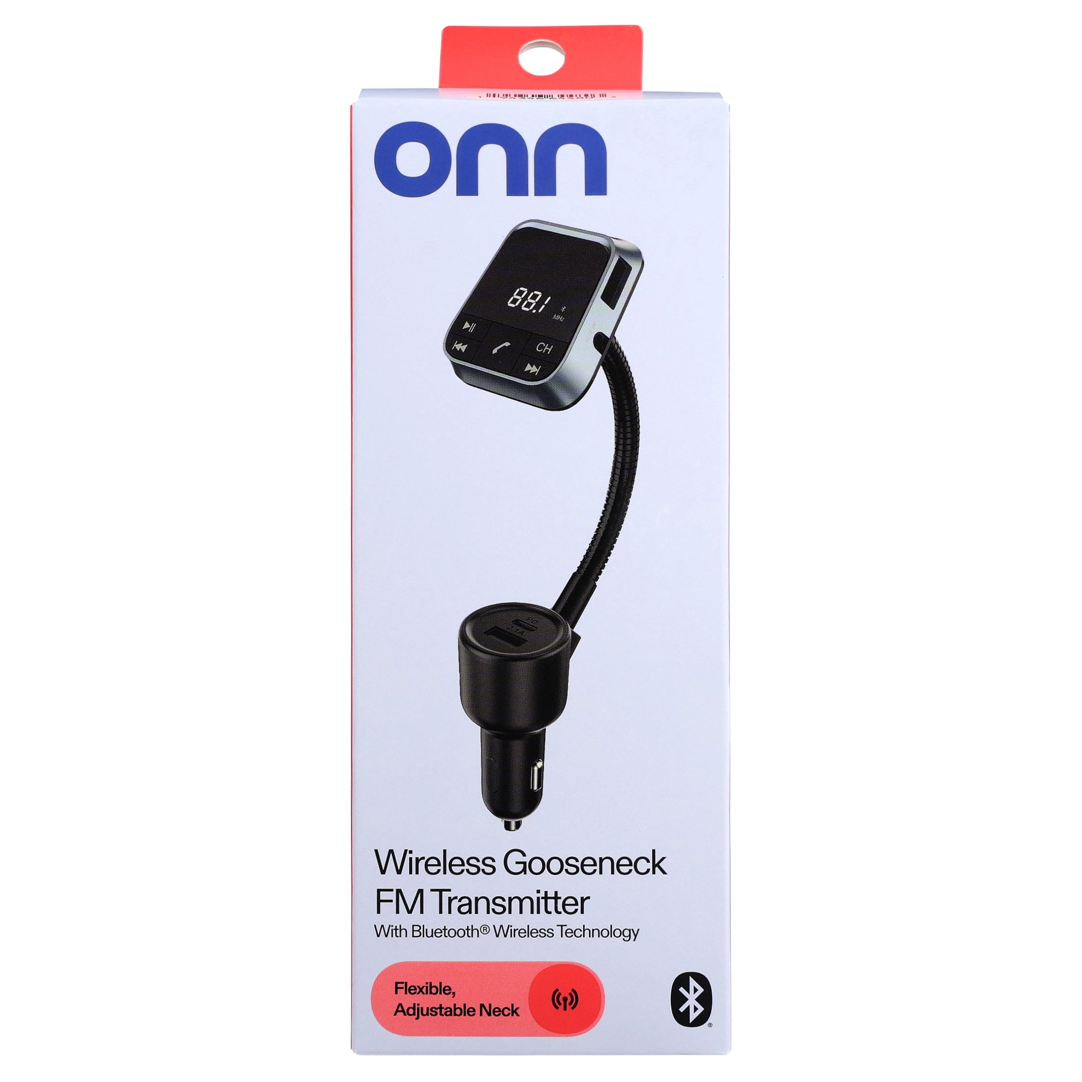 Onn Gooseneck Bluetooth FM Transmitter, Flexiable Adjustable Viewing Angle, Dual Charging Ports, Compatible with Smartphones