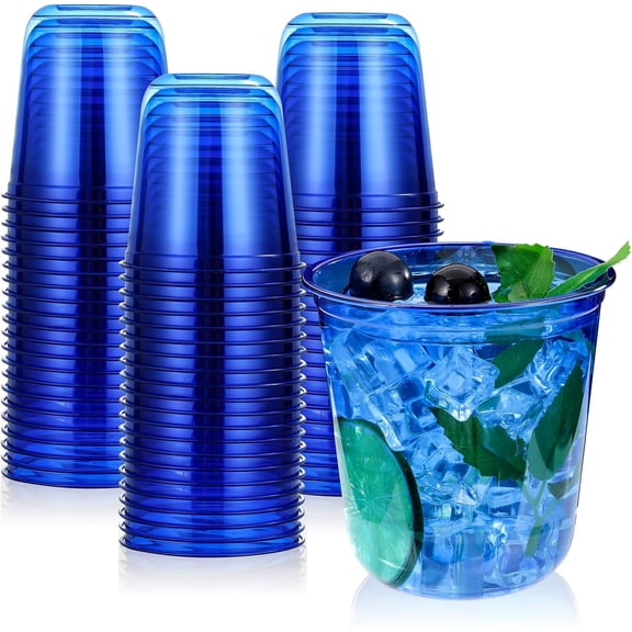 50 Pcs Blue Plastic Cups, 12oz Disposable Stemless Wine Glasses for Cocktail Clear Wine Cups Cocktail Glasses Blue Party Cup for Wedding Birthday Meeting Christmas Party
