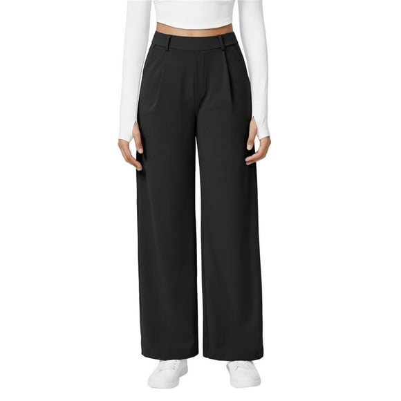 Womens Dress Pants Wide Leg Pull on Stretchy Work Pants Women Business Casual Trousers with Pockets Black L
