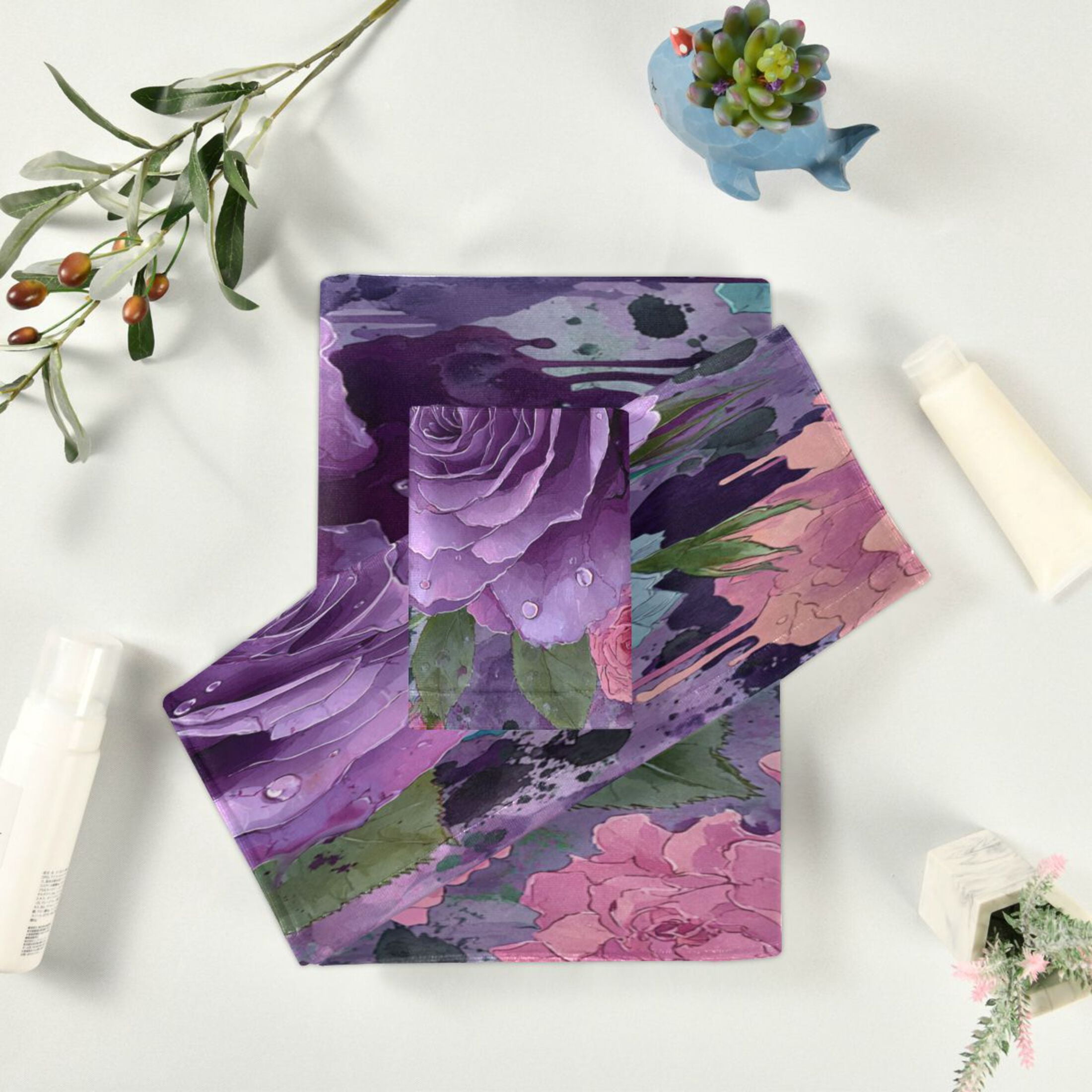 3 Sizes of Towel Sets Including Bath Towel Hand Towel and Washcloth for Daily Use Purple Rose Gradient Painting