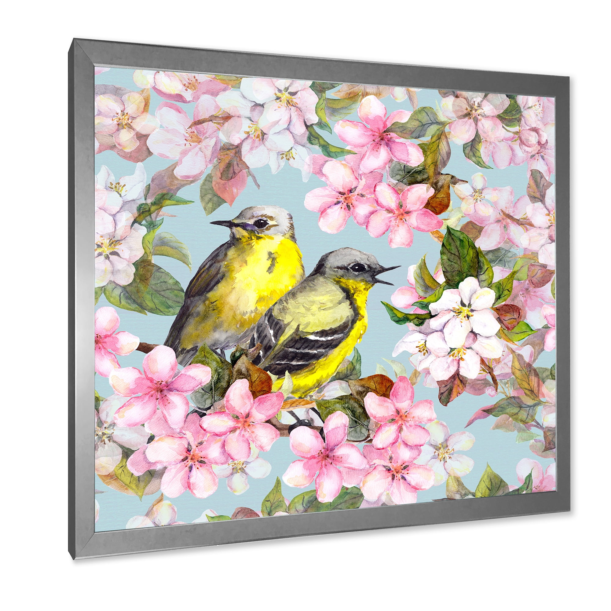 Designart 'Birds On Pink Cherry Sakura and Apple Flowers II' Traditional Framed Art Print