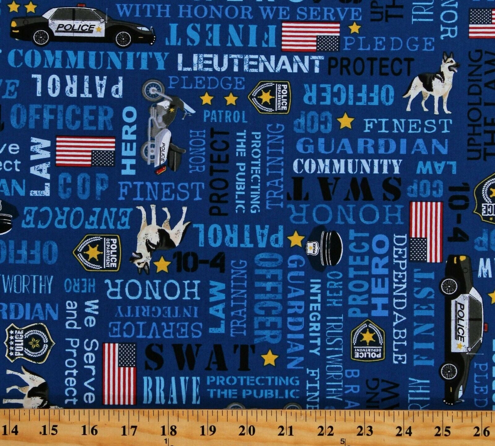 Visual Arts Dyeing & Batik Fabric 1 Yard Police Badges & Handcuffs Blue Stripe Light Gray
