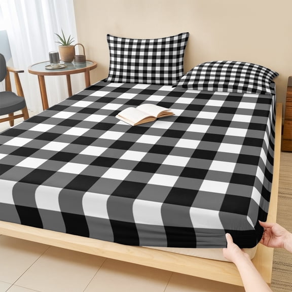 Full Size Fitted Sheet Set - Black White Plaid 3 Piece Bedding Sets 16" Deep Pocket Fitted Sheet with 2 Pillowcases Modern Simple Buffalo Check Gingham Brushed Microfiber Hotel Luxury Bed Sheets