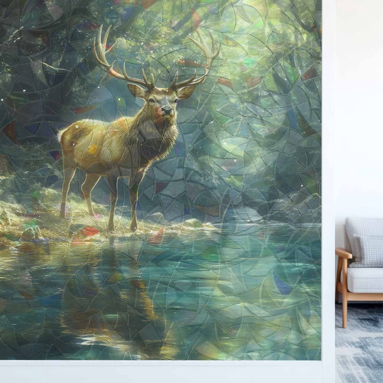 Green Forest Deer Privacy Window Film, Decorative Stained Glass