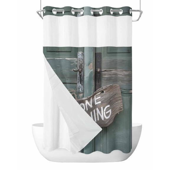 No Hook Shower Curtain with Snap-in Liner, Farmhouse Door Waterproof Fabric Bathroom Curtains, Vintage Abstract Country Wooden Door Bath Curtains & Mesh Top Window Stand Up Stall 36"x72"