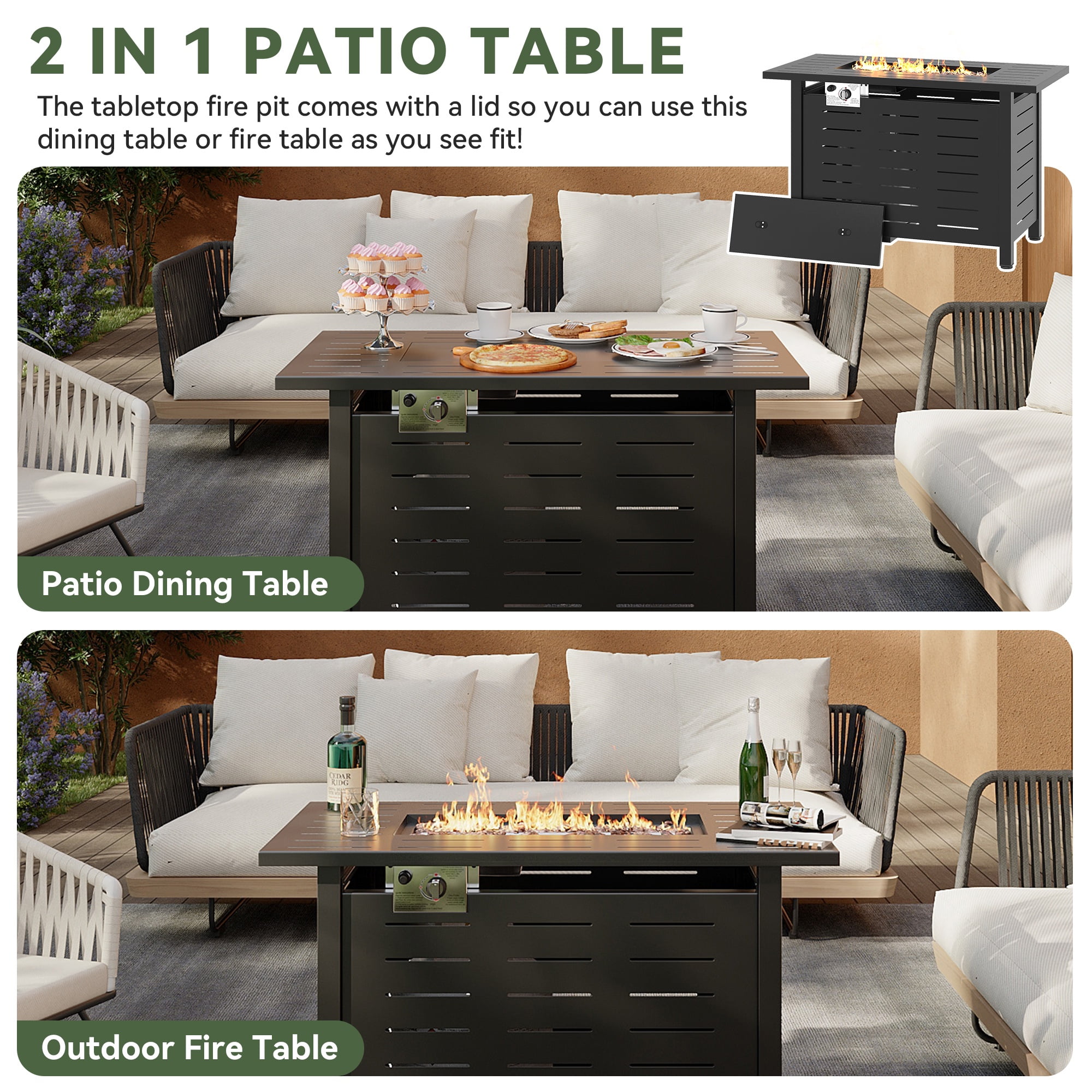 Aoxun 44" Propane Fire Pit Table, 50,000 BTU Auto Ignition Steel Gas Fire Pit with Removable Lid & Waterproof Cover for Patio, Backyard, Black