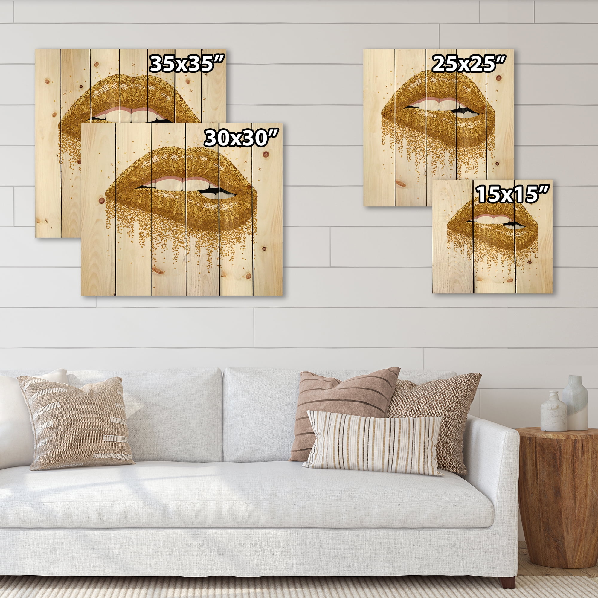 Designart 'Girl Lips With Glitter Gold Sparkles' Modern Print on Natural Pine Wood