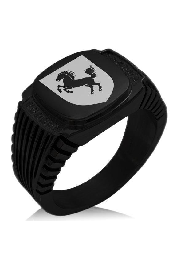 Stainless Steel Horse Battle Coat of Arms Shield CZ Ribbed Needle Stripe Pattern Biker Style Polished Ring