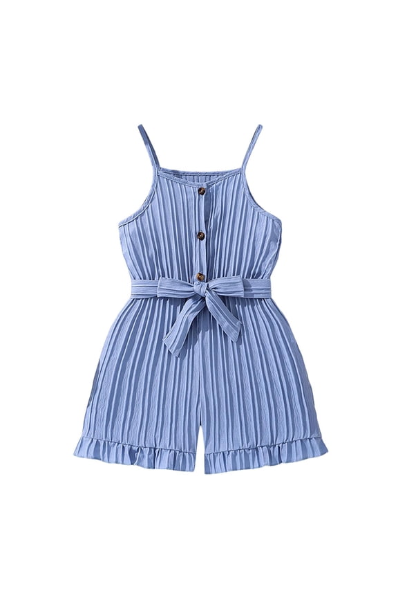Girls Kids Solid Color Striped Spaghetti Strap Romper With Tie Waist Ruffle Hem For Summer Casual Daily Wear Blue 3-4 Years