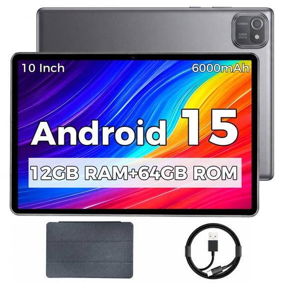 NextCheer 10 inch Android 15 Tablet, 12GB RAM 64GB Storage, Expandable to 1TB, Quad-Core 2.0GHz, WiFi, Dual Camera, 6000mAh Battery, Black