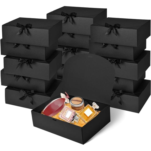 12Pack Black Gift Boxes with Lids, 12×9.8×3.1 Inch Groomsmen Proposal Box, Luxury Box Ribbon for Bridesmaid Graduation, Christmas, Wedding, Birthday, Party