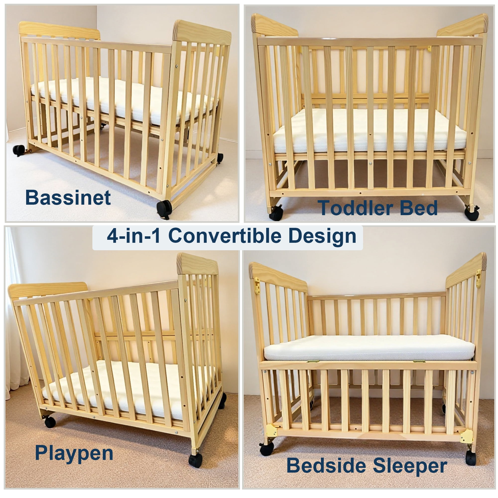 Solid Pine Convertible Baby Bassinet Bedside Sleeper, 3 Adjustable Heights Mini Crib with Breathable Mattress, Portable Newborn Toddler Bed with Lockable Wheels