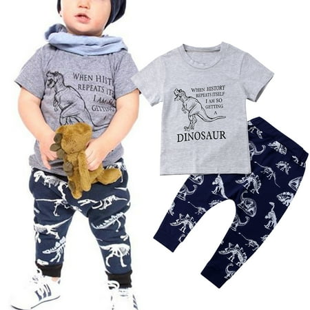 Boys Sunsuit - 2PCS Toddler Baby Kids Boy Summer Clothes Dinosaur Tops T-Shirt Pants Leggings Outfit Sunsuit