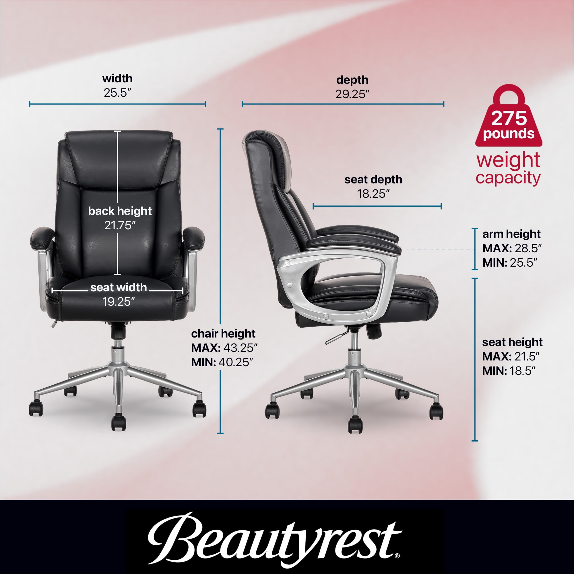 Beautyrest Beyla Ergonomic Manager Office Chair with Padded Armrest for Teens and Adults, Black