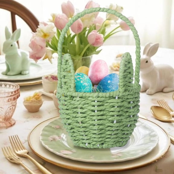 Outoloxit Woven Bunny Easter Basket with Long Ears - Easter Egg Storage, Kids Gift Basket, Home Tabletop Organizer for Decor, Candy, Toys, 8.27x4.92x3.35in