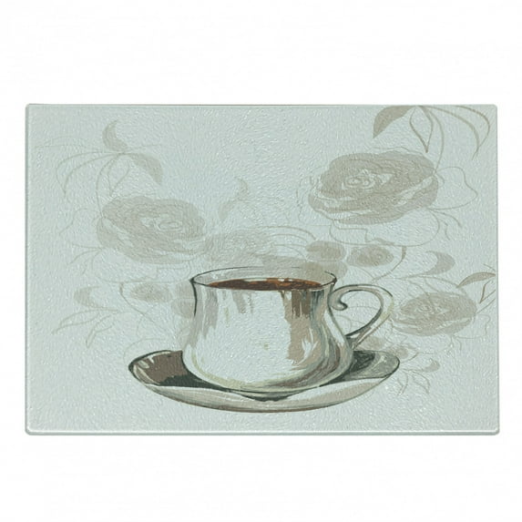 Espresso Cutting Board, Hand Drawn Inspired Drawing of a Coffee Cup and Romantic Roses in Mute Tones, Decorative Tempered Glass Cutting and Serving Board, in 3 Sizes, by Ambesonne