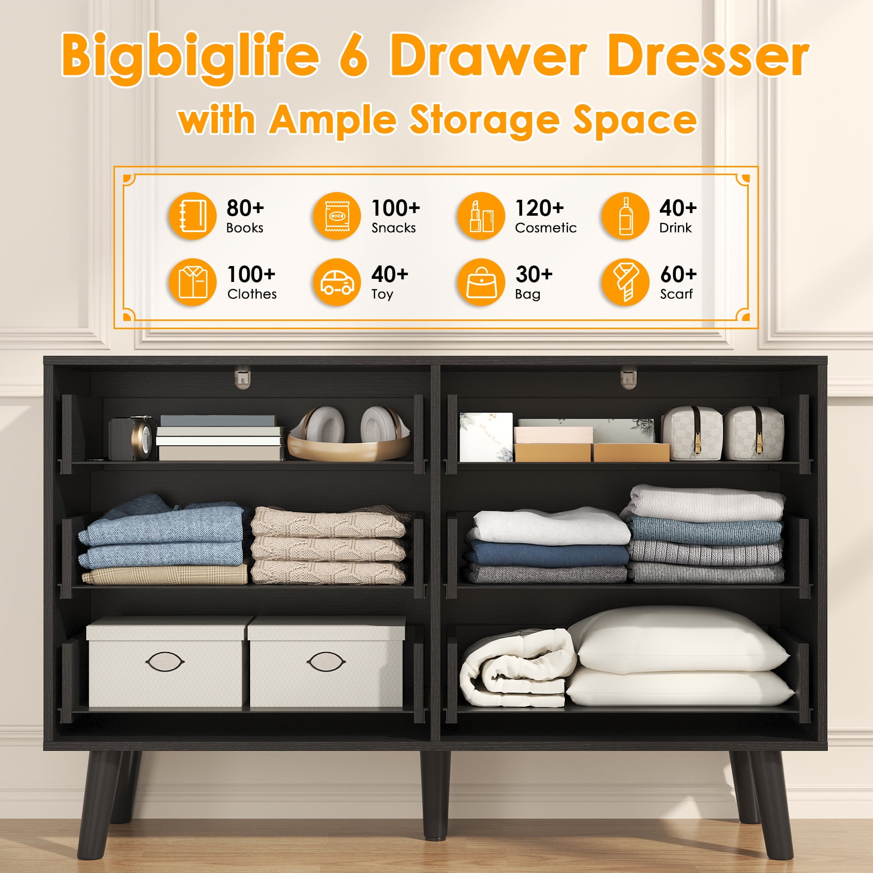 Meteorleg 6 Drawer Dresser for Bedroom, Wood Dresser with Wide Drawers and Metal Handles,Modern Dresser Chest for Bedroom,Living Room,Entryway