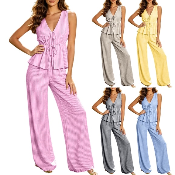 SROBPTY Womens Set Print V Neck Sleeveless Top Drawstring Wide Leg Long Pants Outfits for Casual Wear