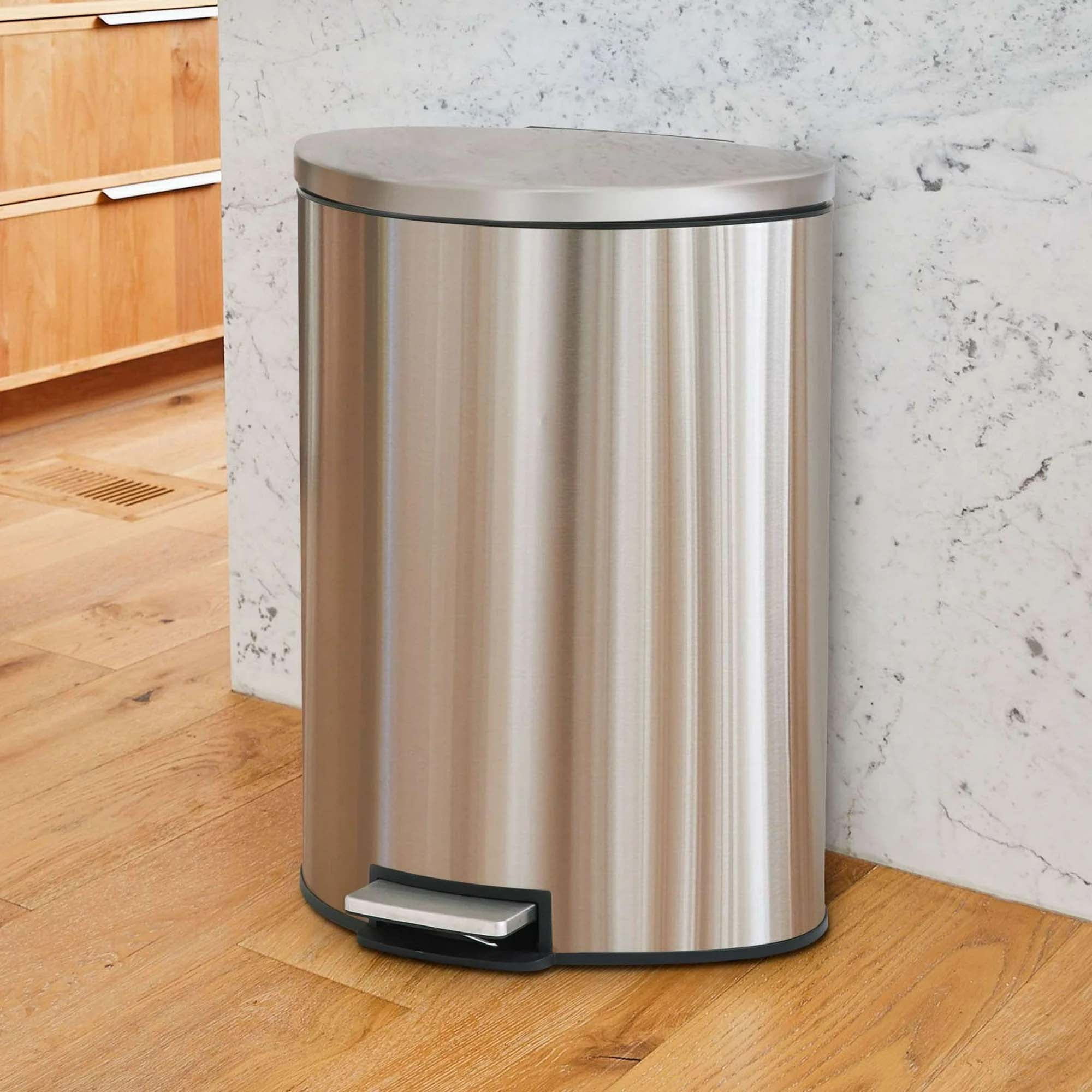Better Homes & Gardens Kitchen Trash Can, 14.5 Gallon Stainless Steel Semi Round Step Garbage Bin with Soft Close Lid, Silver