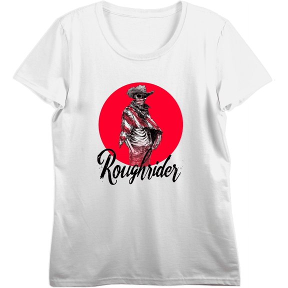 Cowboy Skeleton "Roughrider" Women's Vivid White Crew Neck Short Sleeve Top-Medium