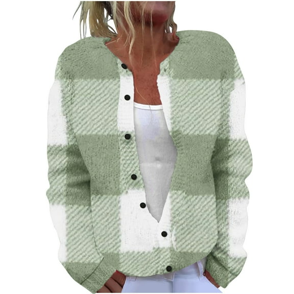 ZQUUVOU Women's Shirts Crew Neck Printed Knitted Cardigan Button Coat (Green,2XL)