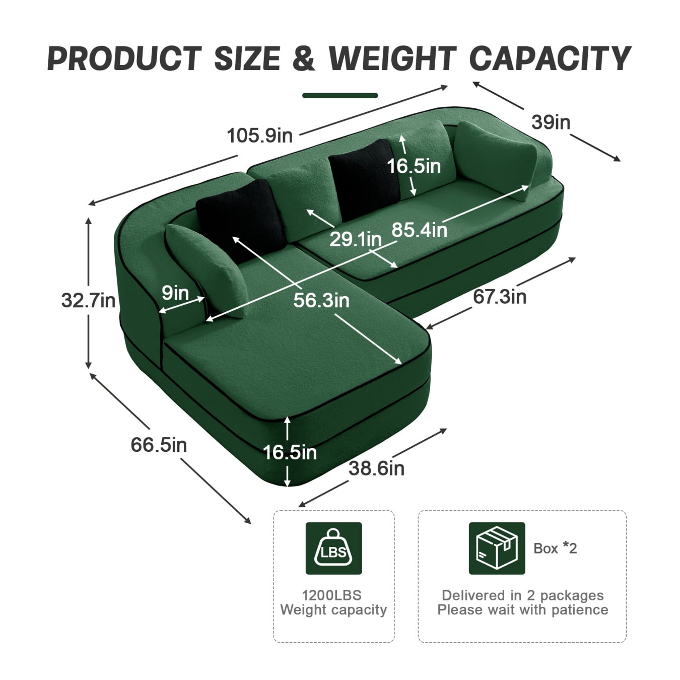 Teddy Fabric 32D Boneless Sofa,Modular Sectional Sofa with Curved Armrest,Contrast Color Design with Pillow,Fluffy Comfy Couch with L Shaped Chaise,for Living Room,No Assembly Required,Green