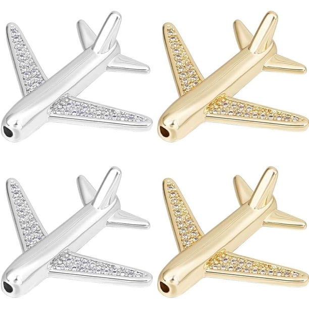 1 caja de 8 cuentas de avión de pasajeros chapadas en oro de 18 quilates y platino con circonita cúbica en forma de avión para hacer joyas.