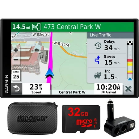 Garmin 010-N2038-02 Drivesmart 65T GPS Navigator – (Renewed) Bundle with Dual DC12V/24V Electronic Multifunction Car Socket, 32GB MicroSD Card & Deco Gear Hard EVA Case with Zipper