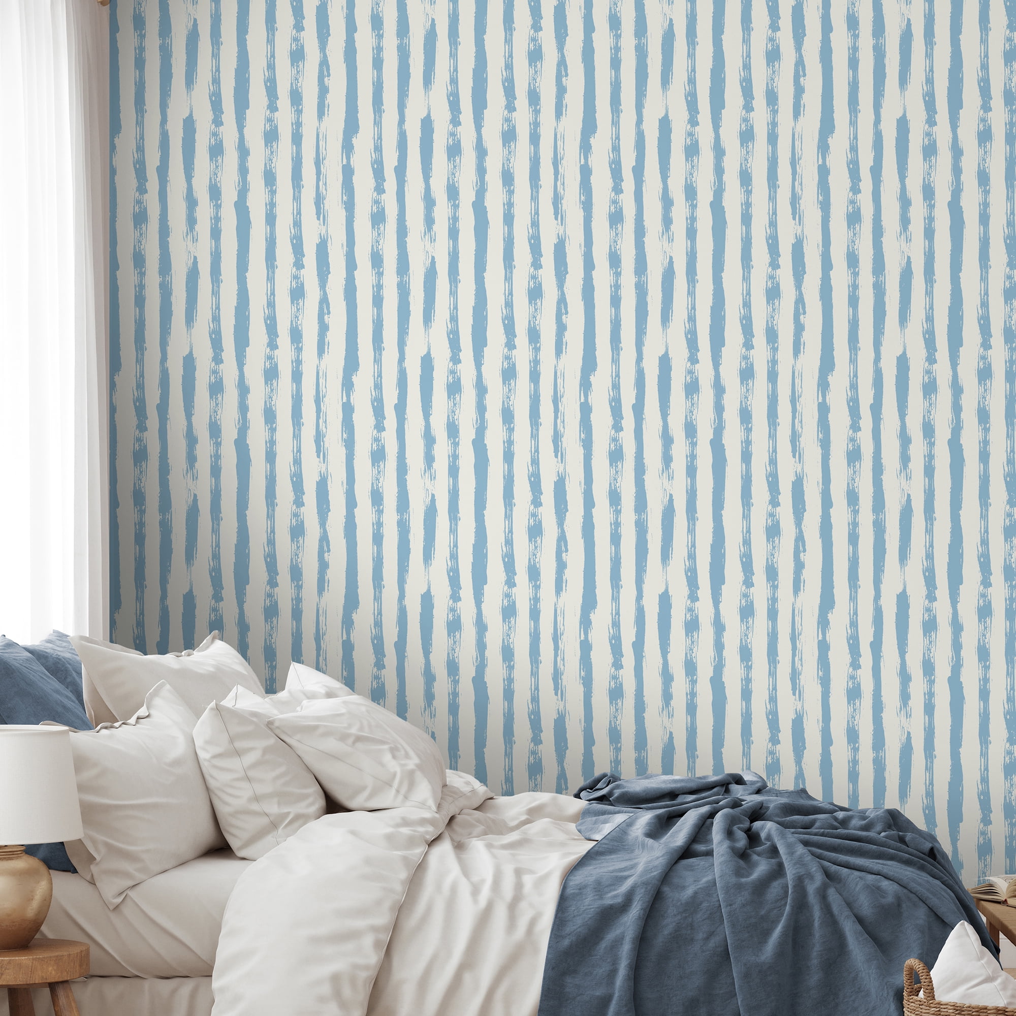 SimurgWallArts - Soft Blue Striped Peel and Stick Vinyl Wallpaper, Hand-Painted Style Nursery Mural, 19x118 in, 15,57 Sq. ft.