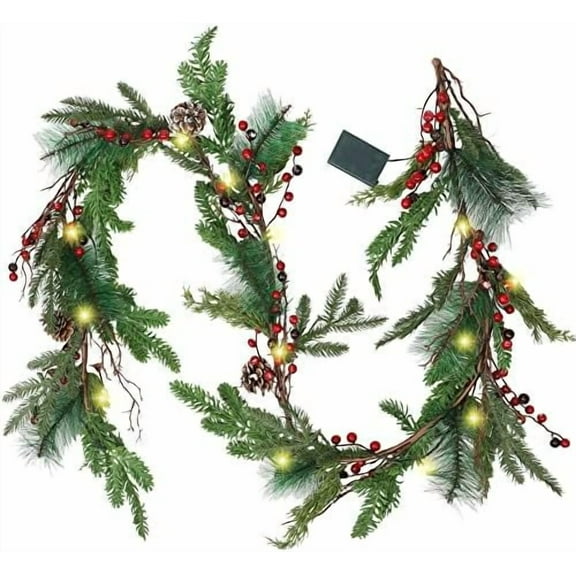 6 FT Pre-lit Artificial Christmas Garland with 20 LED Lights, Battery Powered with Pine Cones, Red Berries, Pine Needles, Lighted Christmas Garlands for Fireplace  Holiday Decorations