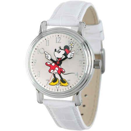 Disney, Articulating Classic Minnie Mouse Red Polka Dot Dress Women's Silver Vintage Alloy Watch, White Leather Strap