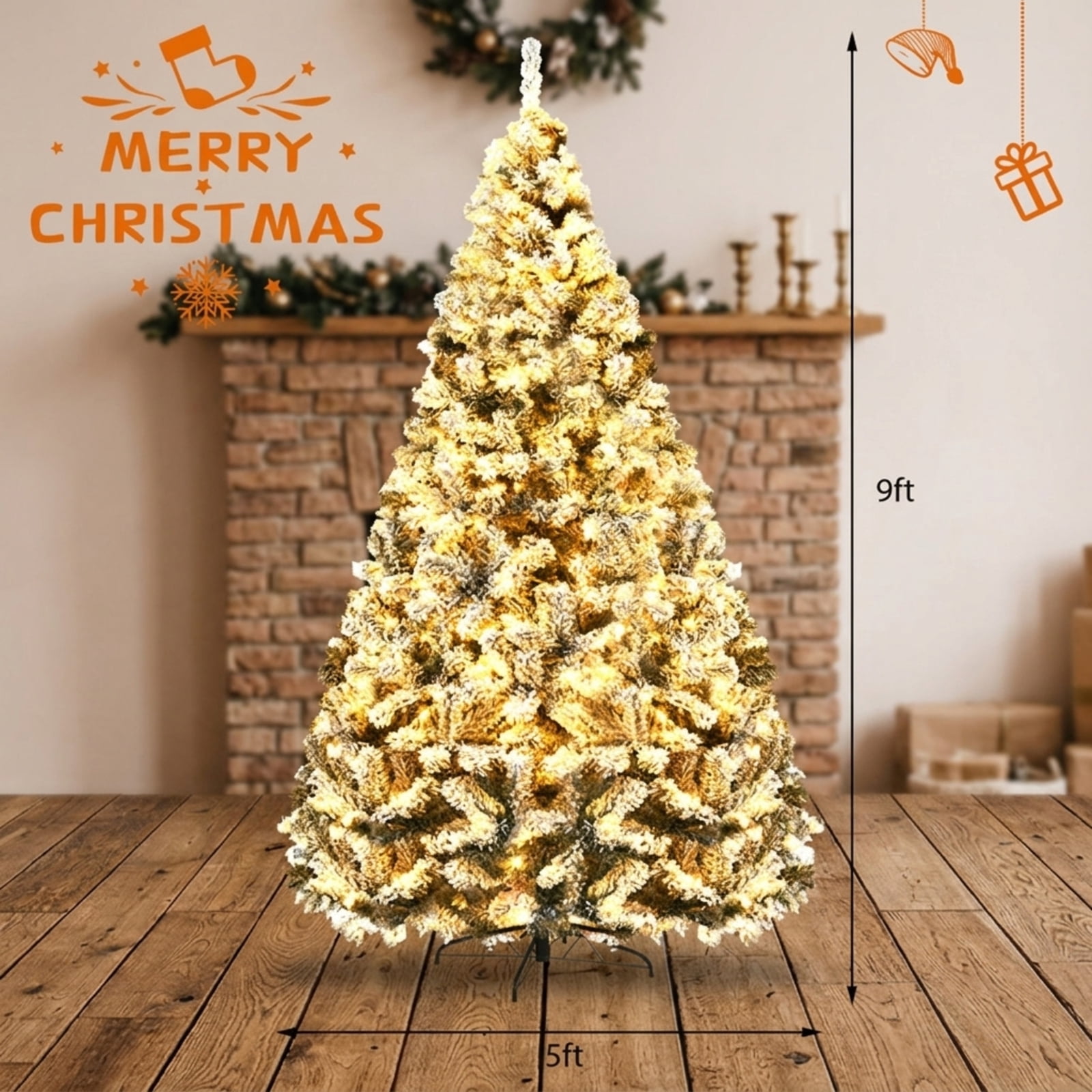 RUIE, 9 Ft Flocked Tree, 9 ft Artificial Christmas Tree, 550 LED Lights, Snow Flocked, 1498 Full Tips, for Home Holiday Xmas Decoration