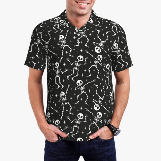 Fotbe Retro Skeleton Dancing On Halloween Party Camiseta Polo de Golf para Hombre con Estampado – Camisa Deportiva Transpirable con Cuello Abotonado-Medium