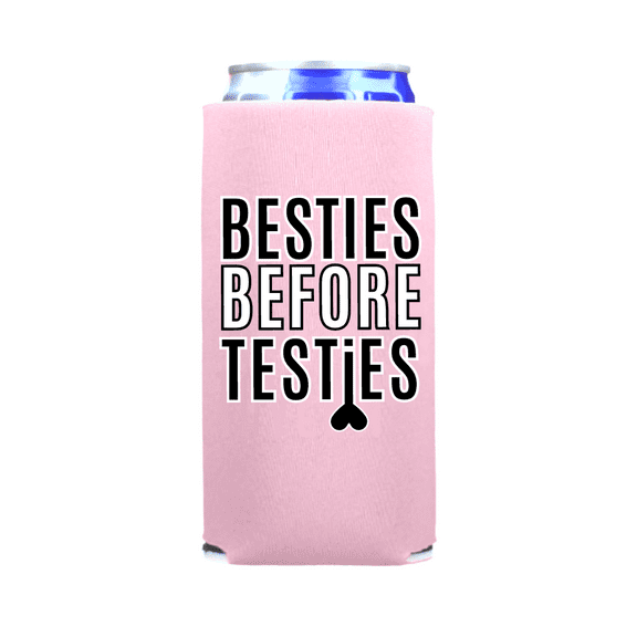 Besties Before Testies Valentine's Day Slim Can Coolers, Valentine's Day, Spiked Seltzer Coolies, Skinny Coolies, Holiday Party Gift (Pink)