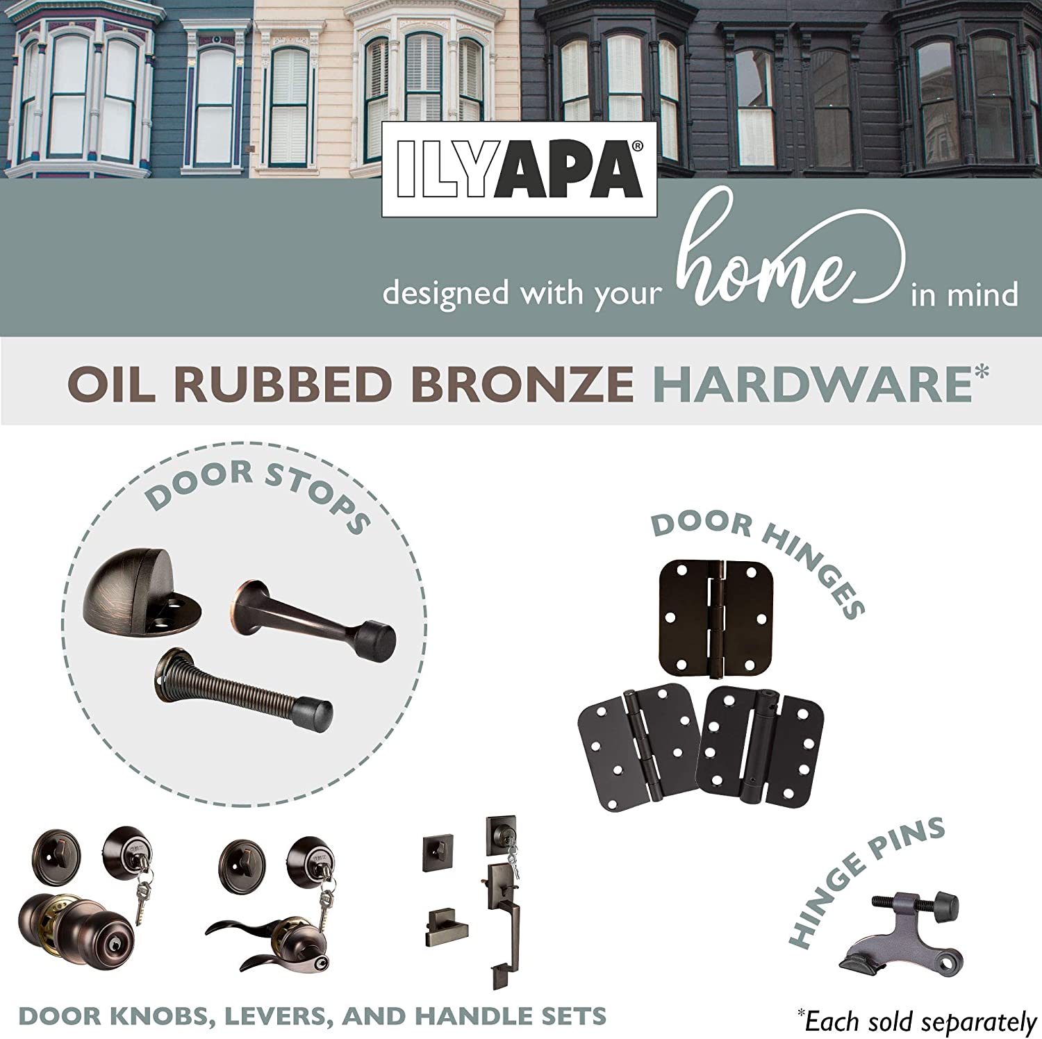 6 Pack Hinge Pin Oil Rubbed Bronze Door Stops -Heavy Duty Adjustable Door Stopper 2-1/2" x 1-3/4",with Black Rubber Bumper Tips
