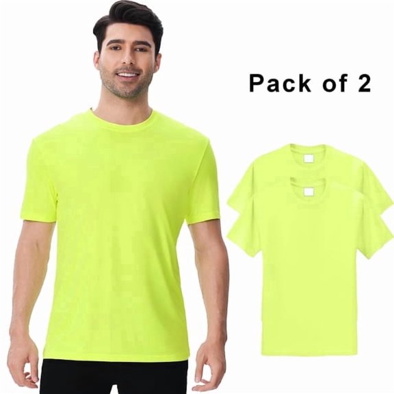 High Visibility Safety Short Sleeve T-Shirt for Men, 100% Polyester Moisture wicking Tee, Pure Dry Fit Poly Shirt Safety Neon Green, S Size Pack 2