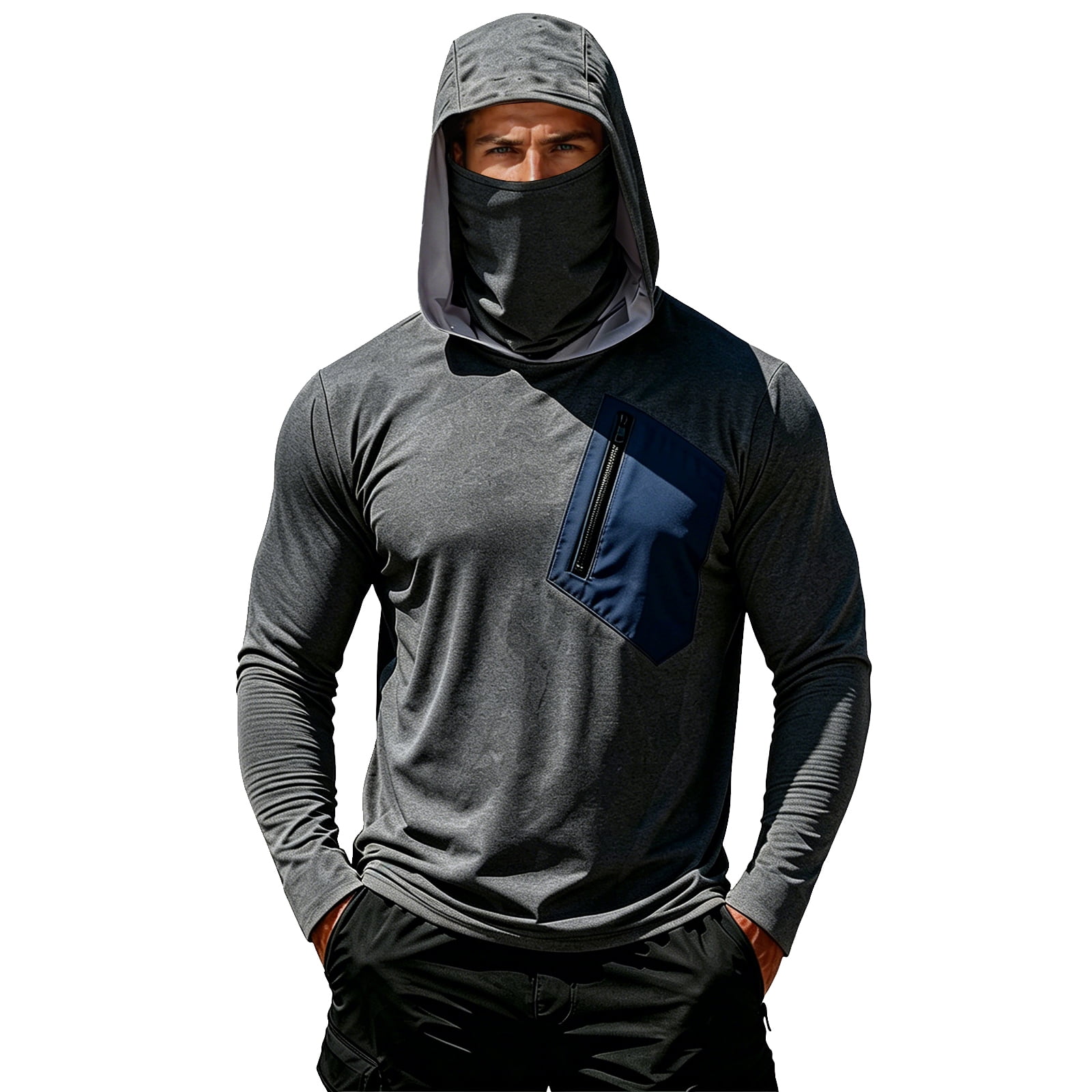 Nestiefly Mens Sun Protection Hoodie Face Mask Camo Long Sleeve Quick Dry Performance Fishing Hiking Top Zipper Pocket 2026 Dark Gray XL