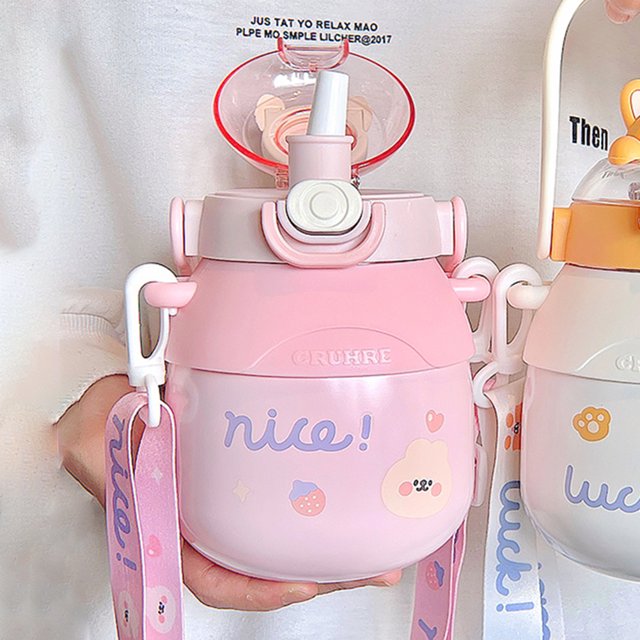 Botella De Agua Bolso Encantadora botella térmica para niños, taza térmica de gran capacidad, tapa de prensa a prueba de fugas, regalo