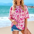 thumbnail image 3 of Camiseta estampada para mujer, mangas media campana, holgada, cuello redondo, blusa suelta de verano, flor rosa M, 3 of 6