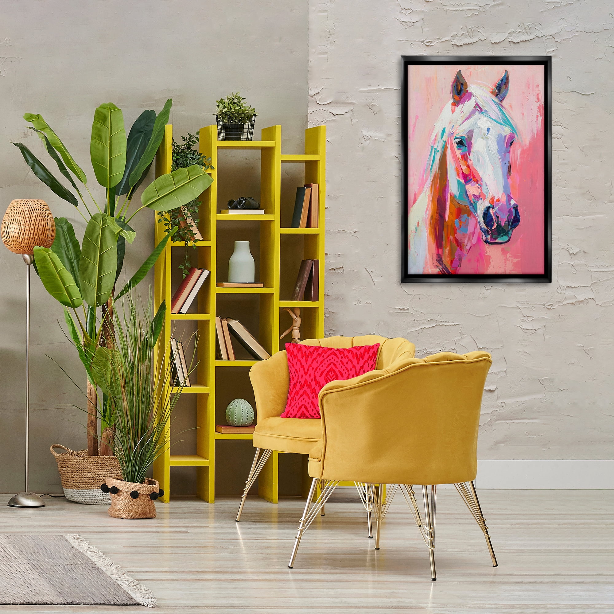 Stupell Industries Horse Visage on Pink Animals Painting Black Floater Framed Canvas Art Print Wall Art, 21 x 31