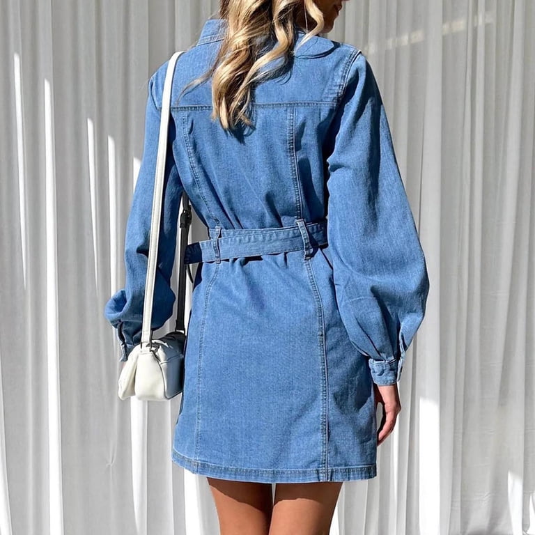 distressed blue jean dress Miqool Womens Denim Dress Casual Fall Long Sleeve Button Down Distressed  Belted Jean Dress with Pockets