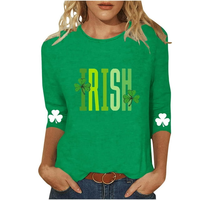 vdgthytj T-Shirts pour Femmes de la Saint-Patrick à Manches 3/4, Grande Taille, Col Ras du Cou, Trèfle, T-Shirt Graphique pour les Fêtes